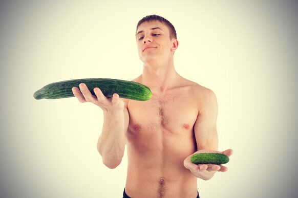 kleng a vergréissert Penis op d'Beispill vun cucumbers